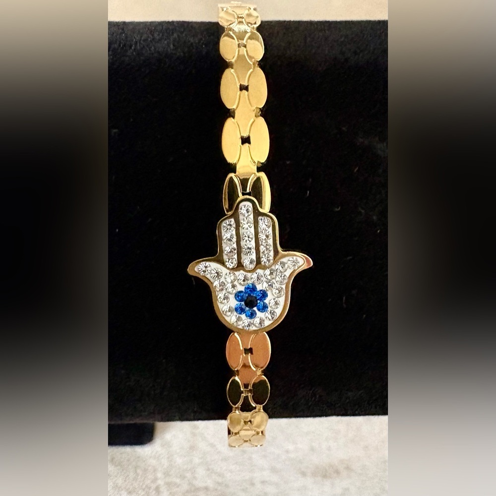 Beautiful Gold Tone Stainless Steel Bangle with Blue and Silver Accents!